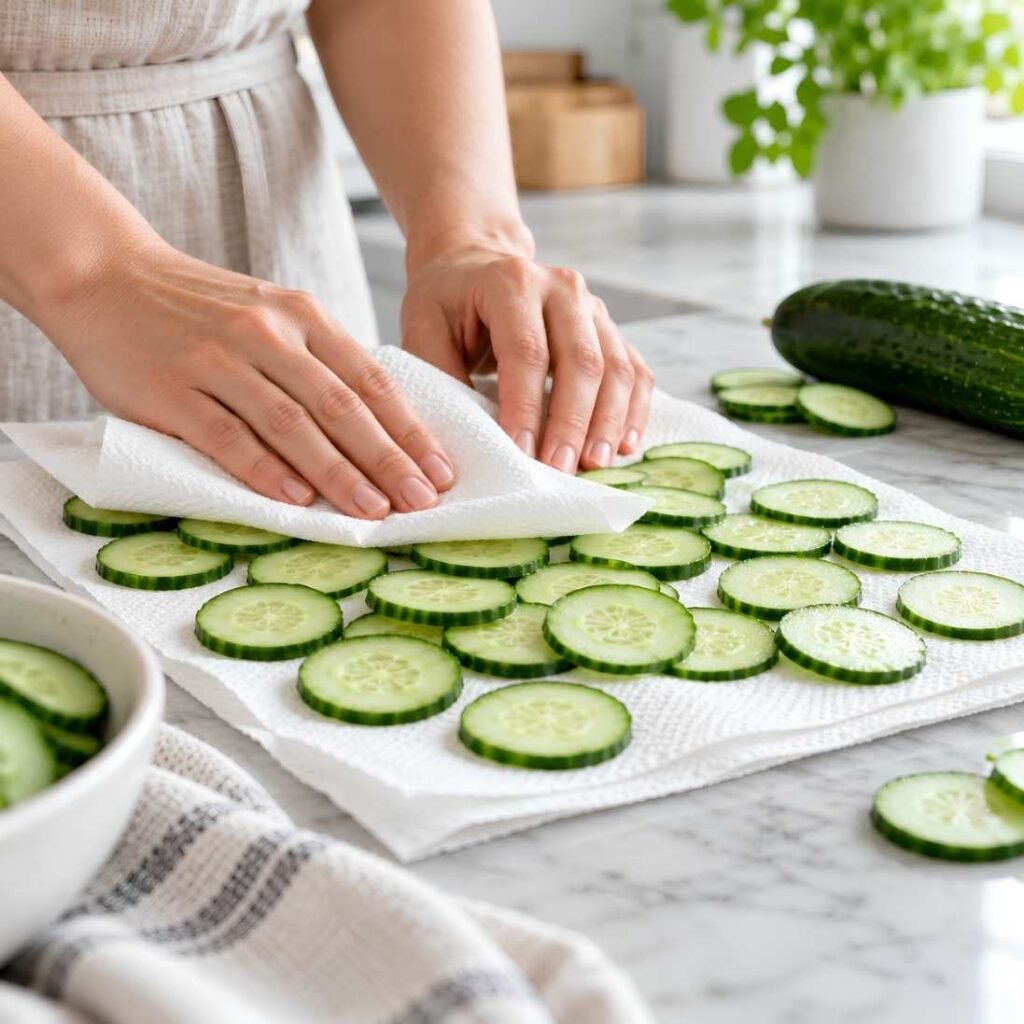 Remove Excess Moisture Spread the cucumber slices over a clean kitchen towel or several layers of paper towels.