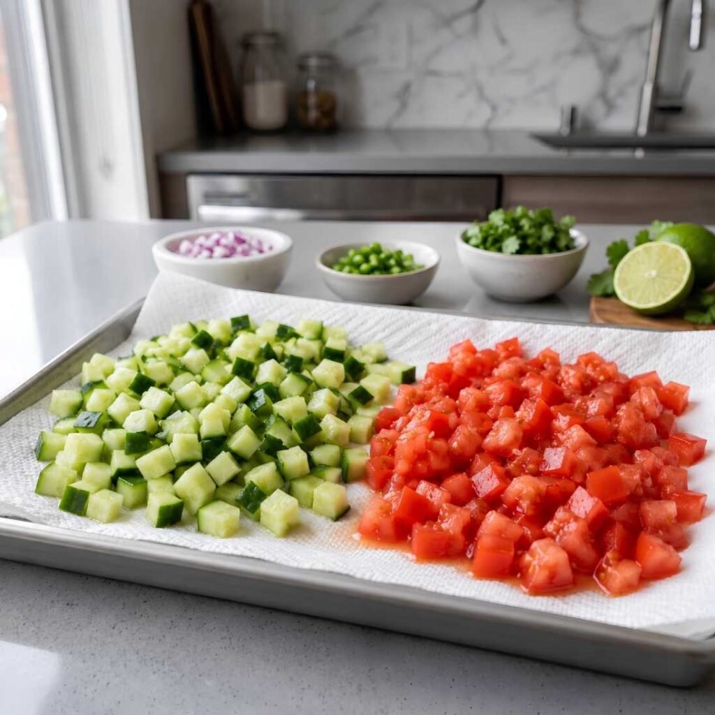 Remove Excess Moisture

Place the diced cucumbers and tomatoes on a paper