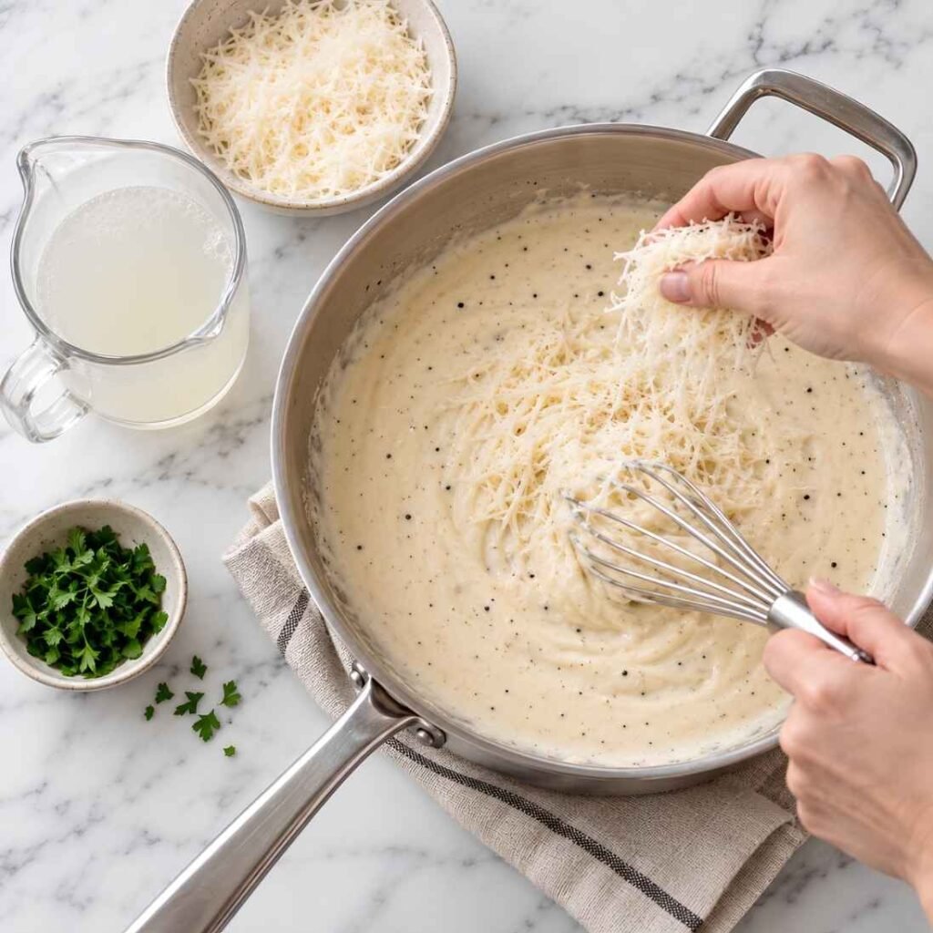 Reserve the Water, Then Take the Pan Off the Heat. Scoop out a cup of the pasta water before draining.