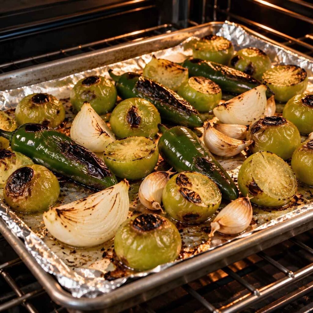 Roast or Broil. Line a rimmed baking sheet with foil and arrange the tomatillos,