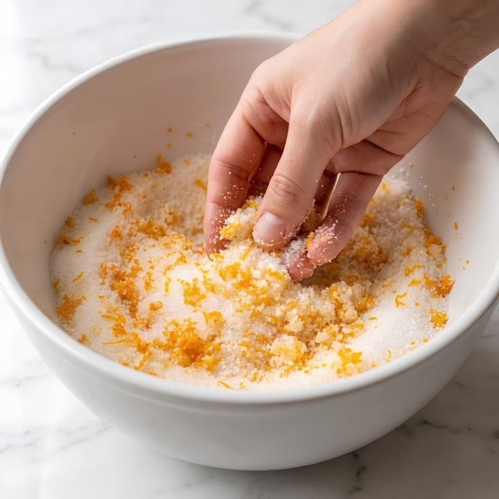 Rub the Zest into the Sugar. Put the sugar and zest in a large bowl and rub them together with your fingertips for about a minute,
