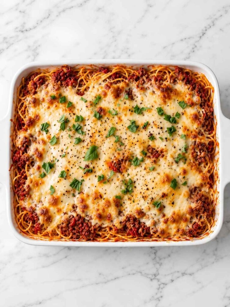 Sauce, Cheese, and Bake. Pour the meat sauce evenly over the top,