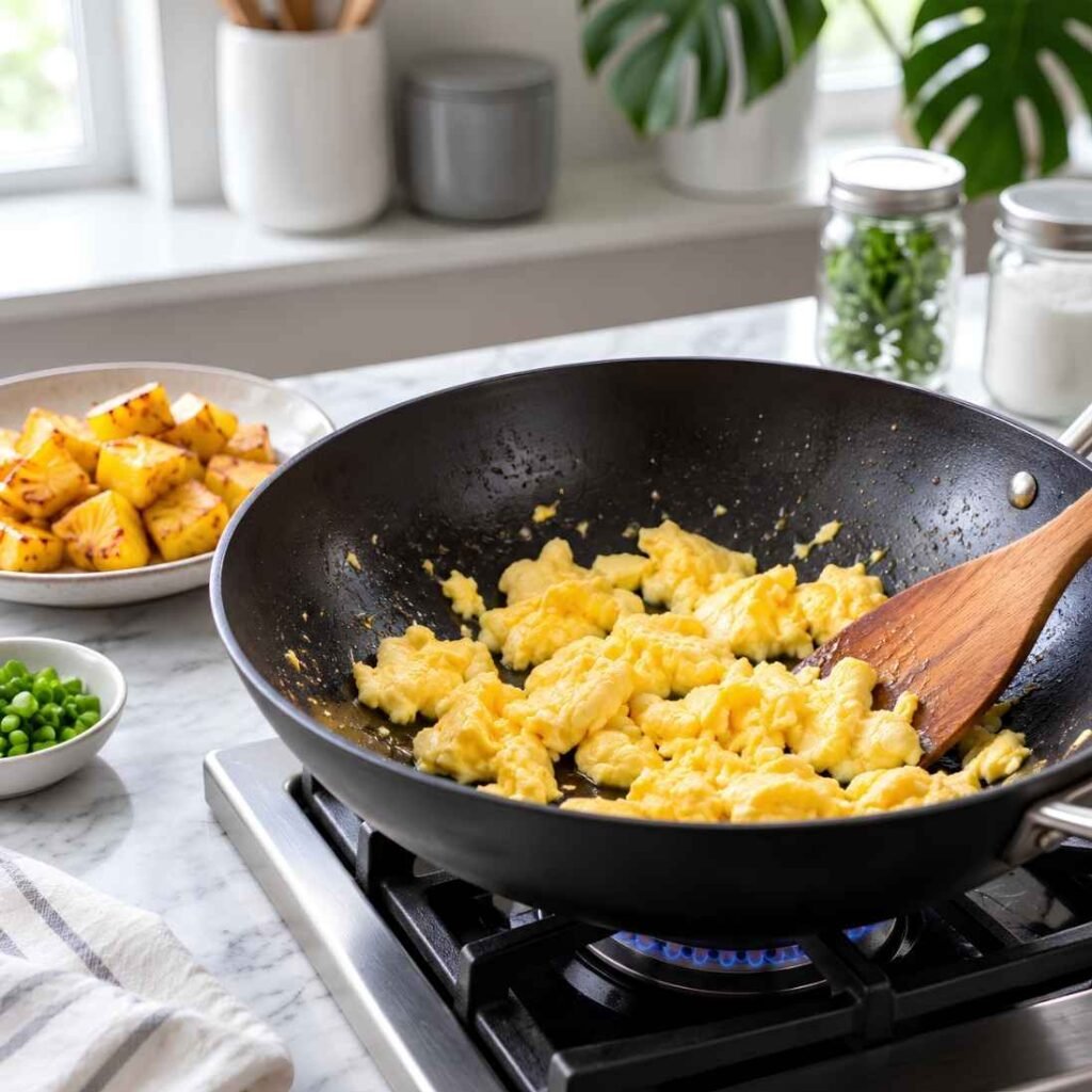 Scramble the Eggs. Lower the heat to medium, add a teaspoon of oil, and pour in the beaten eggs.