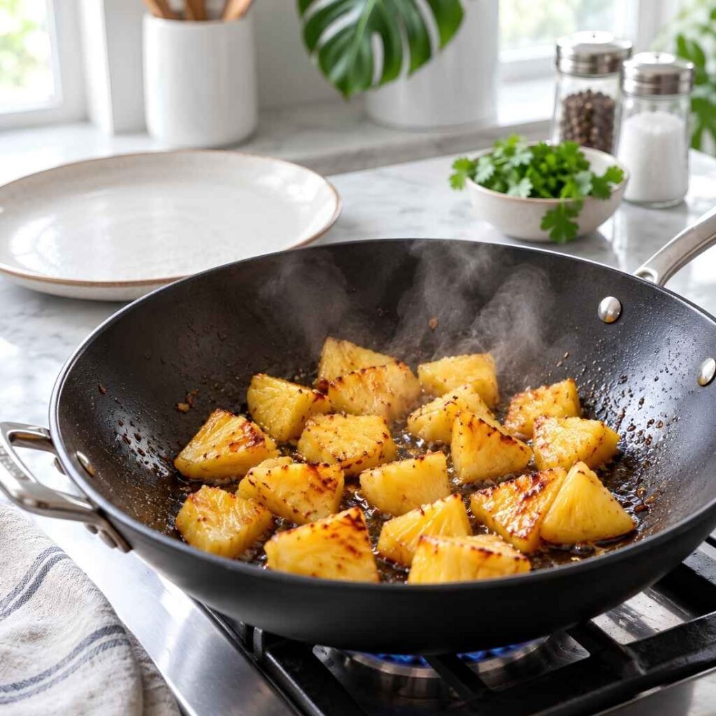 Sear the Pineapple on Its Own Heat. Heat 1 tablespoon of the oil in a wok or large skillet over high heat until it shimmers.