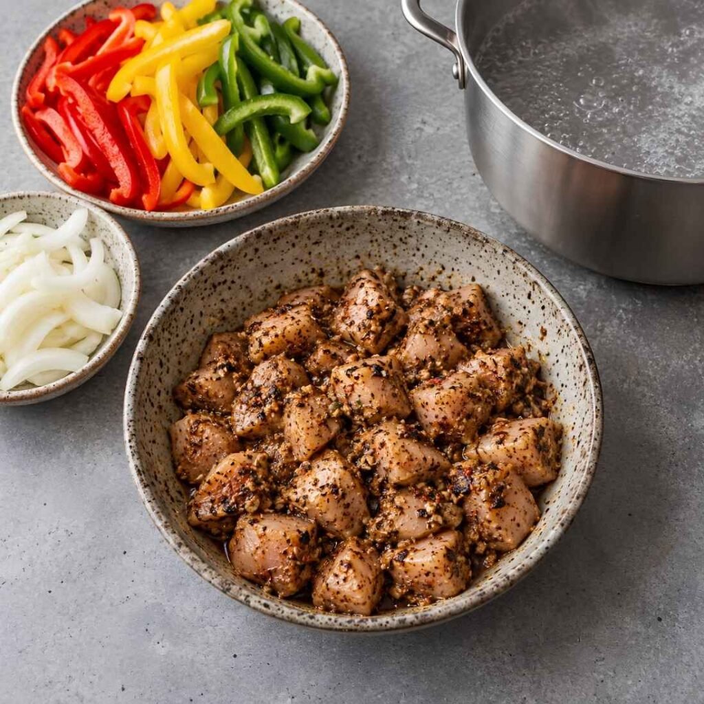 Season the Chicken and Start the Water. Toss the cubed chicken with 1 tablespoon