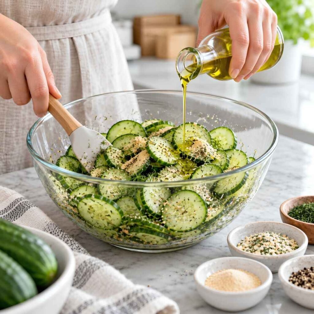 Season the Cucumbers
Transfer the dried cucumber slices to a large bowl.