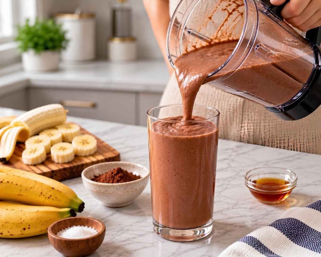 Serve
Pour into a glass and serve immediately. Leave it plain or finish with banana slices,