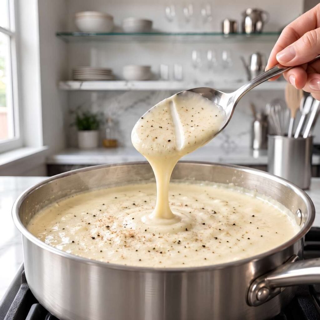 Simmer the Cream. Pour in the cream, add the black pepper and nutmeg