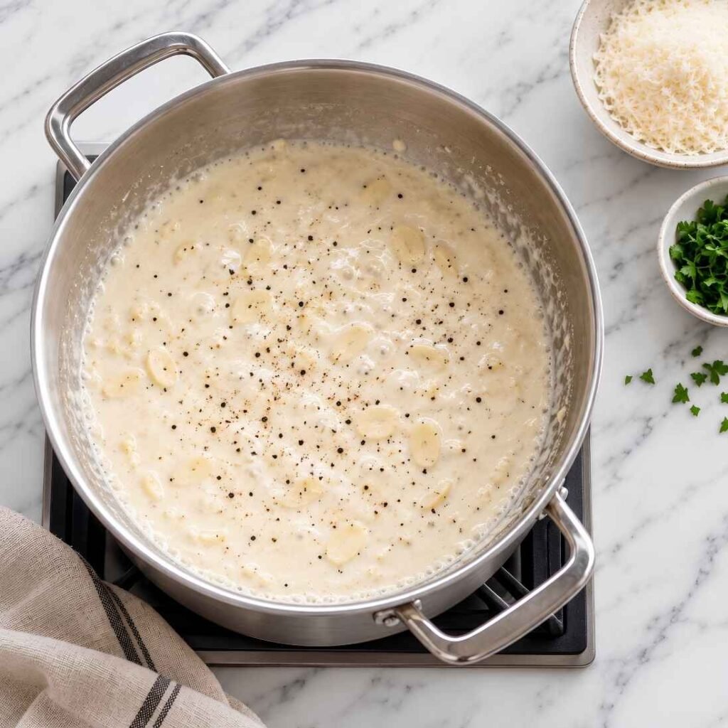 Simmer the Cream. Pour in the cream and add the black pepper