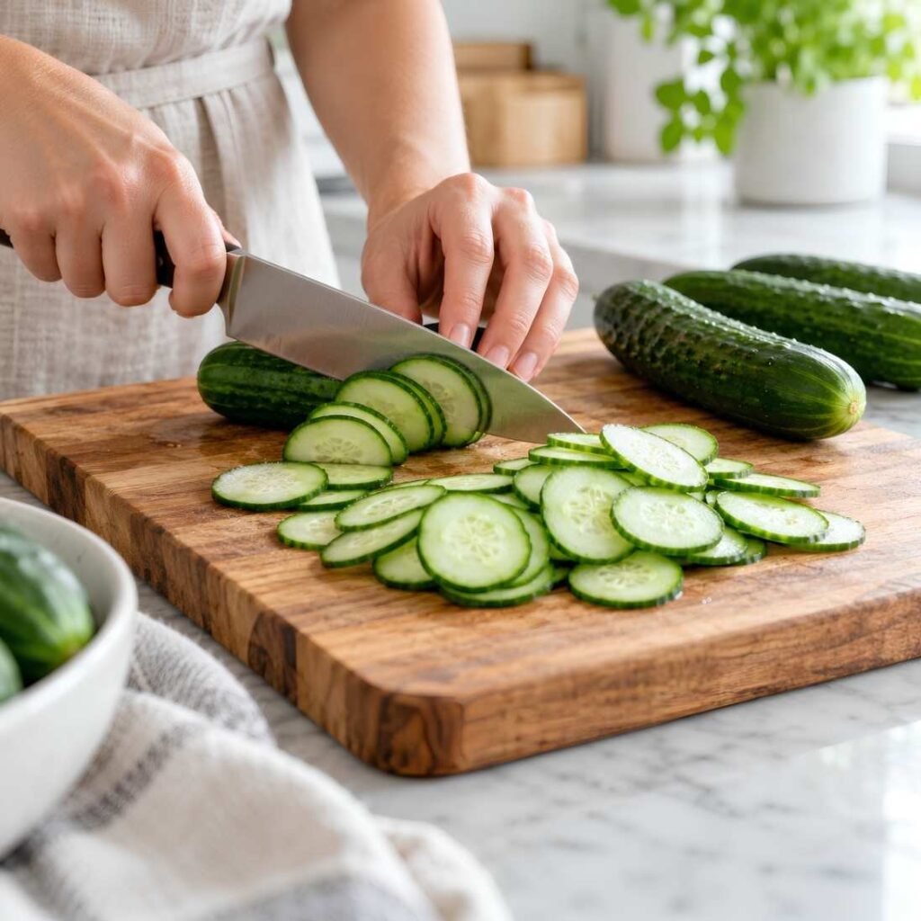 Slice the Cucumbers
Wash and dry the cucumbers thoroughly.