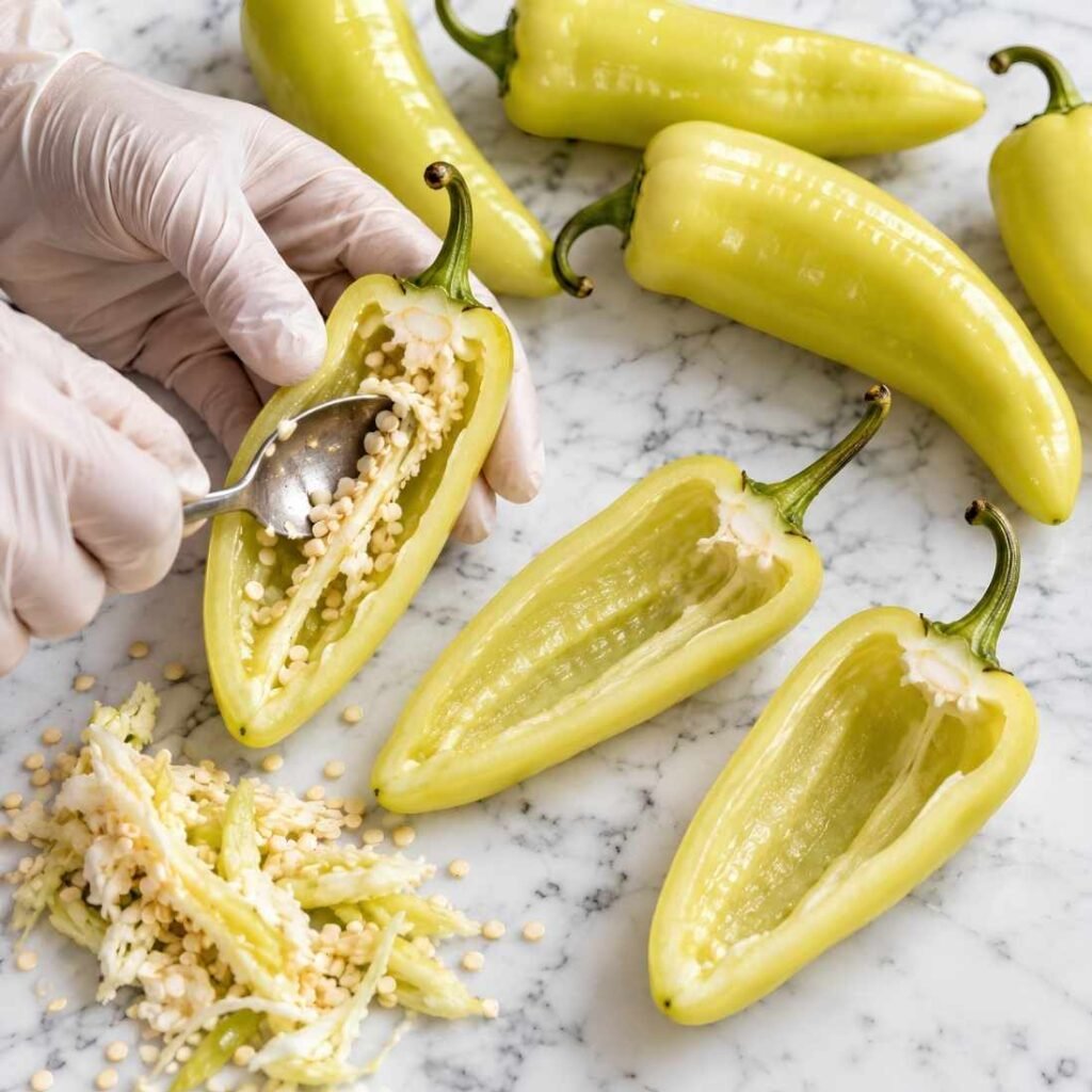 Split and Clean the Peppers. Preheat the oven to 375°F (190°C)