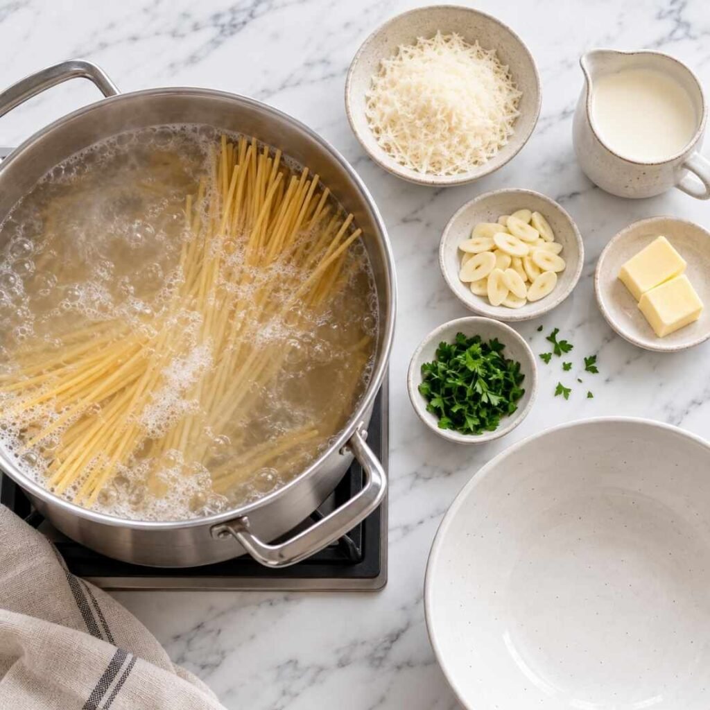 Start the Pasta and Get Everything Ready. Bring a large pot of water to a boil and salt it properly,