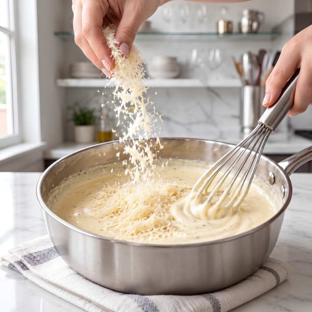  Take the Pan Off the Heat, Then Add the Cheese. Move the pan completely off the burner