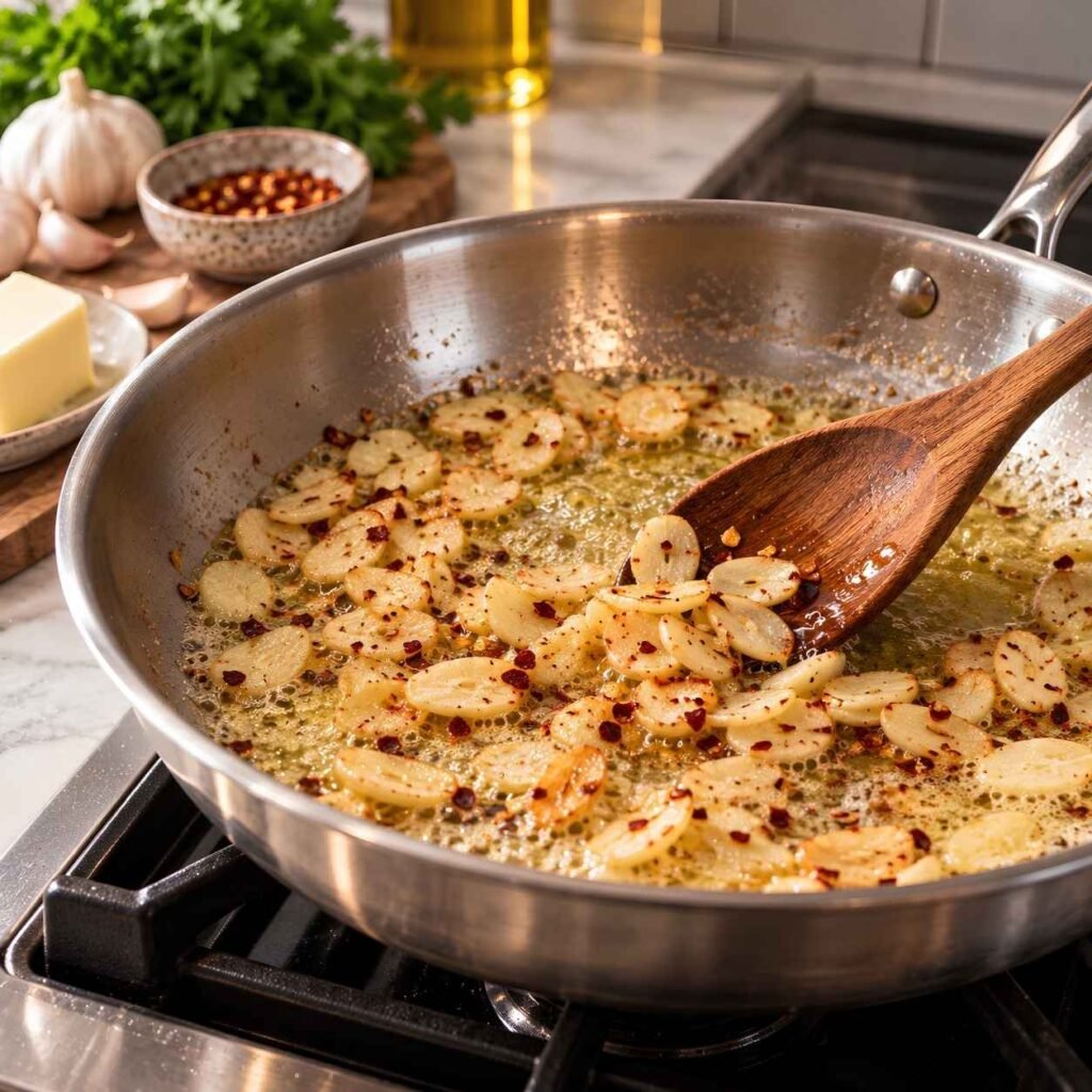 Toast the Garlic. While the pasta cooks, melt 4 tablespoons of the butter in a 12-inch skillet over medium-low heat.