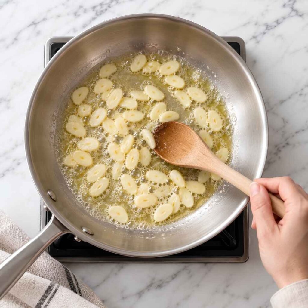 Toast the Garlic Gently. Melt the butter in a 12-inch skillet over medium-low heat.
