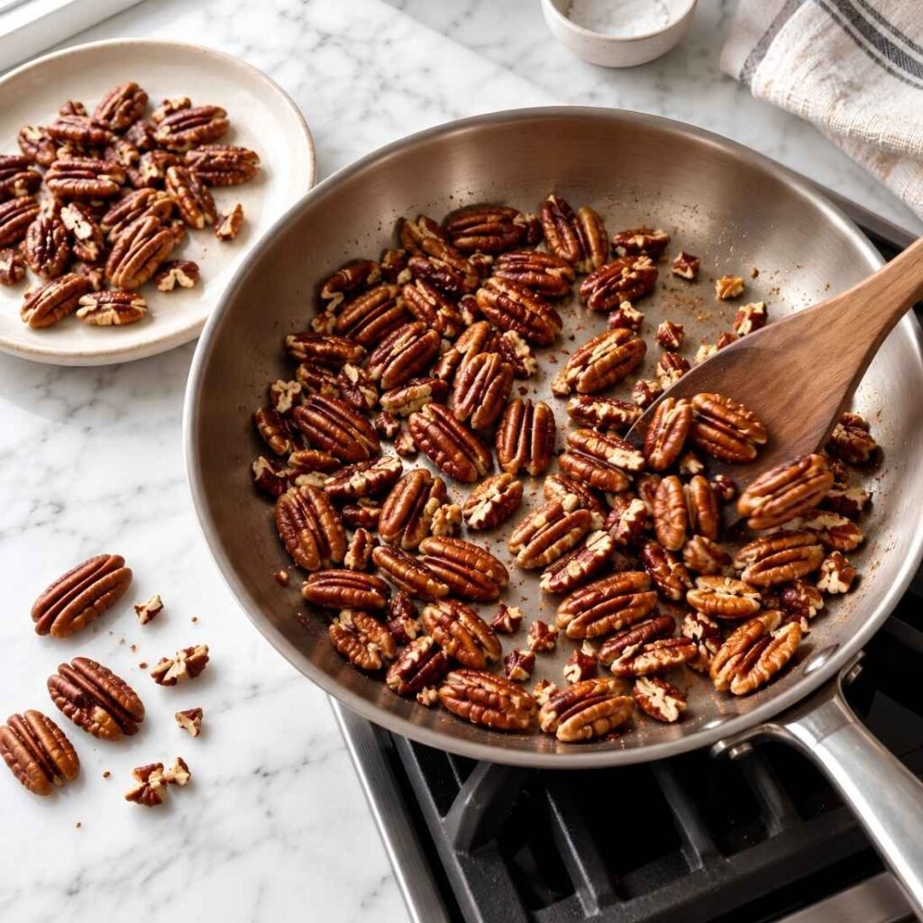 Toast the Pecans. Put the whole pecans in a dry skillet
