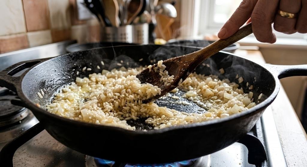 Toast the Rice. Add the rice straight from the bag, unrinsed, and stir to coat every grain in the butter.