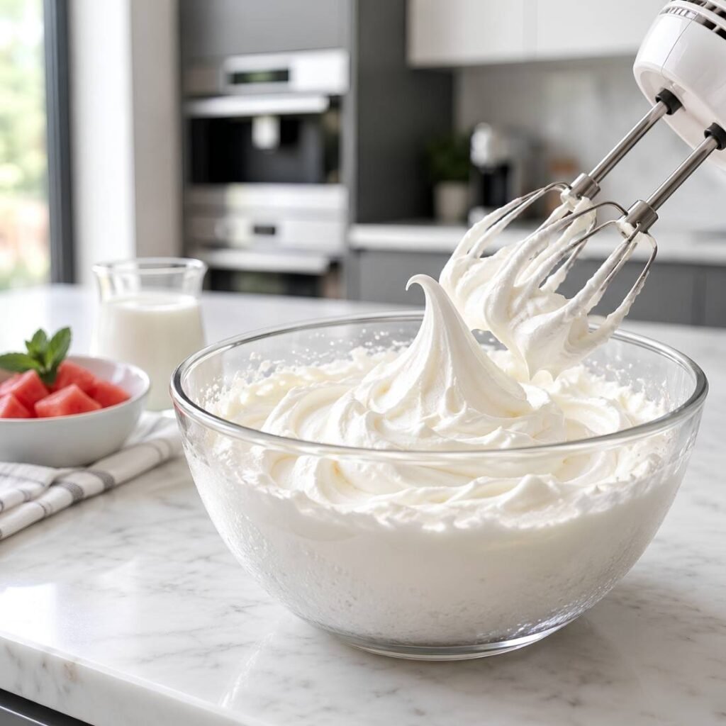 Whip the Cream

Add the cold heavy whipping cream to a chilled mixing bowl.