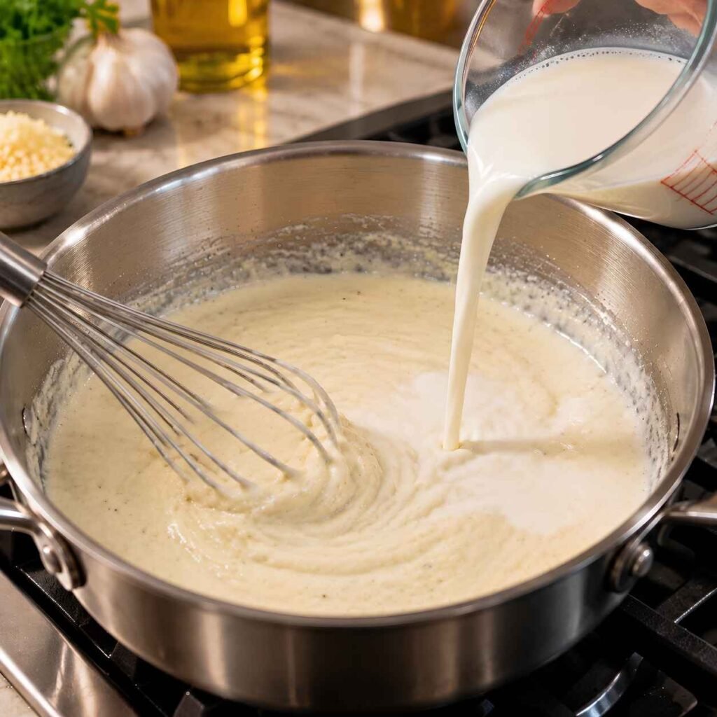 Whisk in the Milk. Pour in the warm milk in a thin, steady stream, whisking constantly.