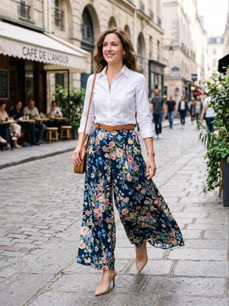  Floral Palazzo Pants with a Button-Up Shirt