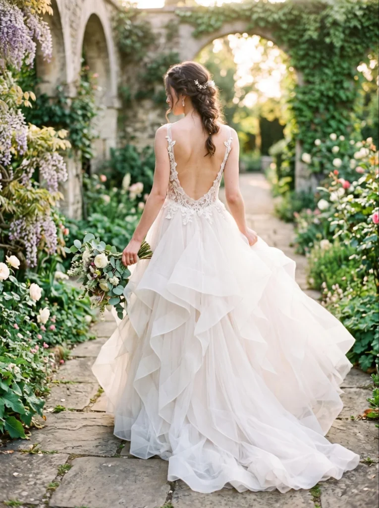 Ethereal Off‑Back Dress With Cascading Ruffles