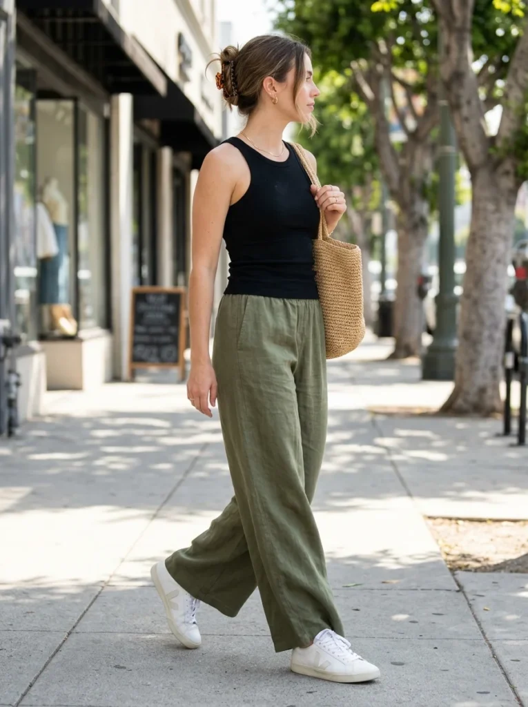 Sneakers With Wide-Leg Linen Pants 