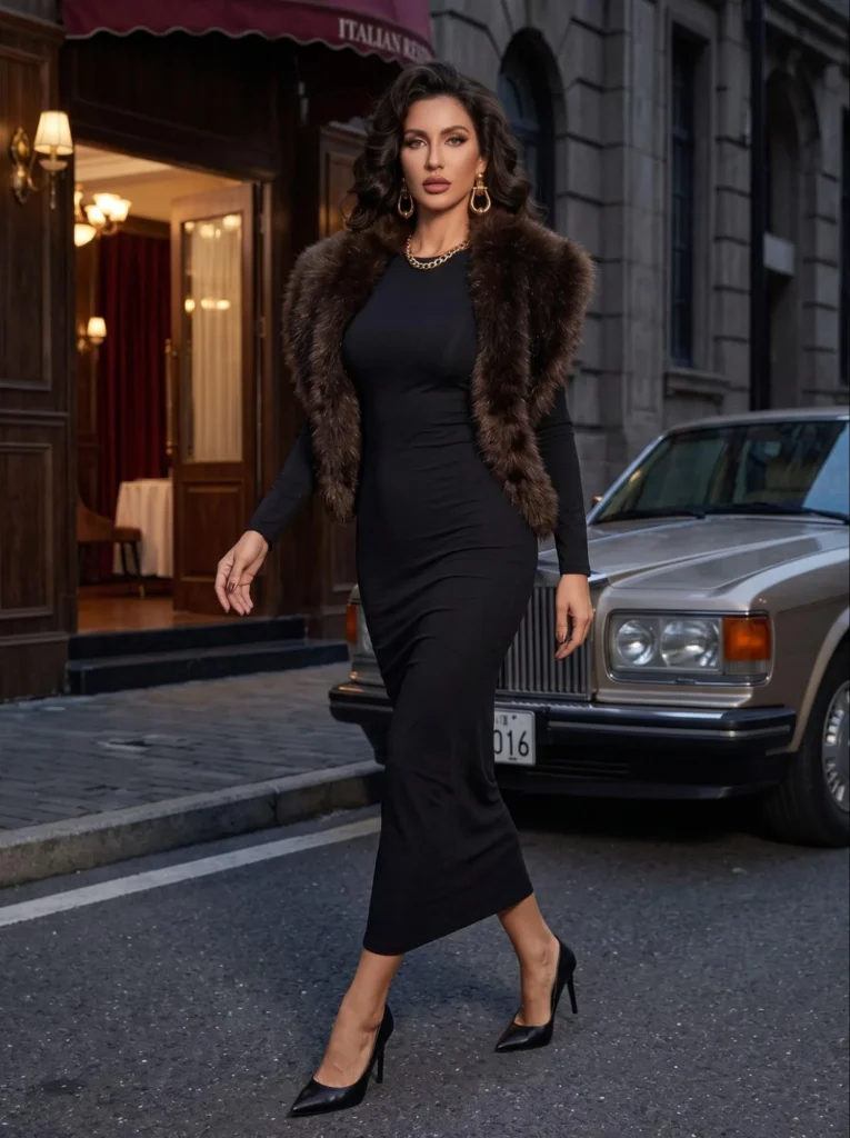 Fur Stole With a Black Bodycon Dress