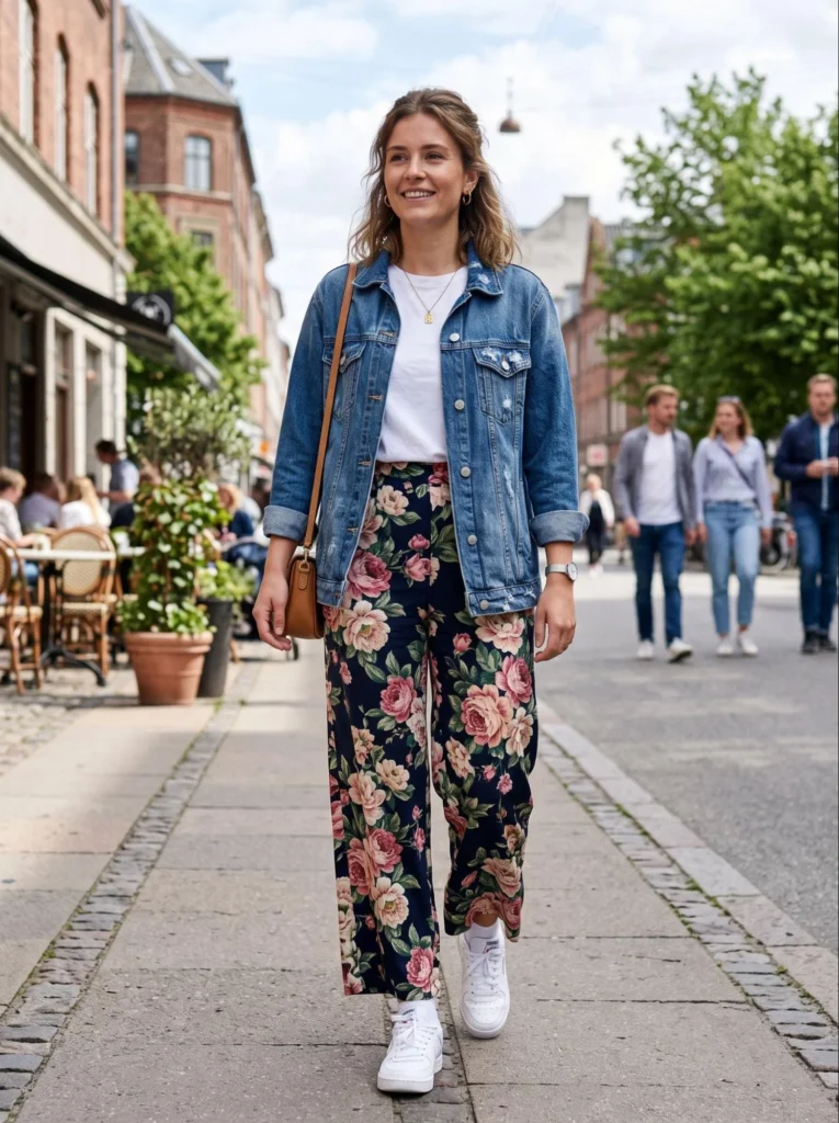 Floral Pants with a Denim Jacket