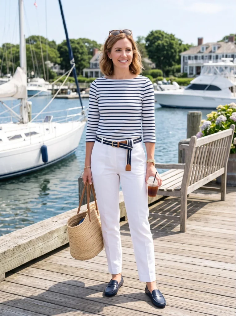 Striped Boatneck Top With White Trousers