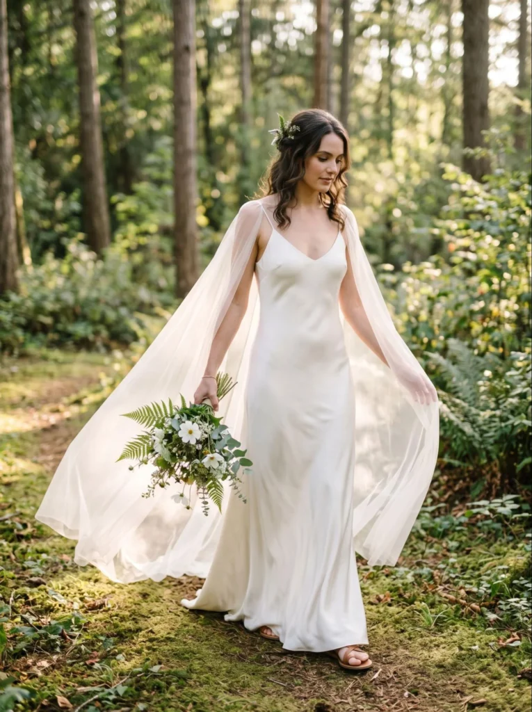 Minimalist Silk Slip Dress With Sheer Cape