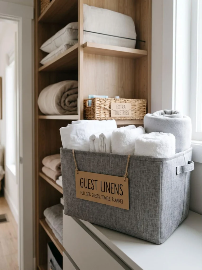 Labeled Baskets for Guest Linens