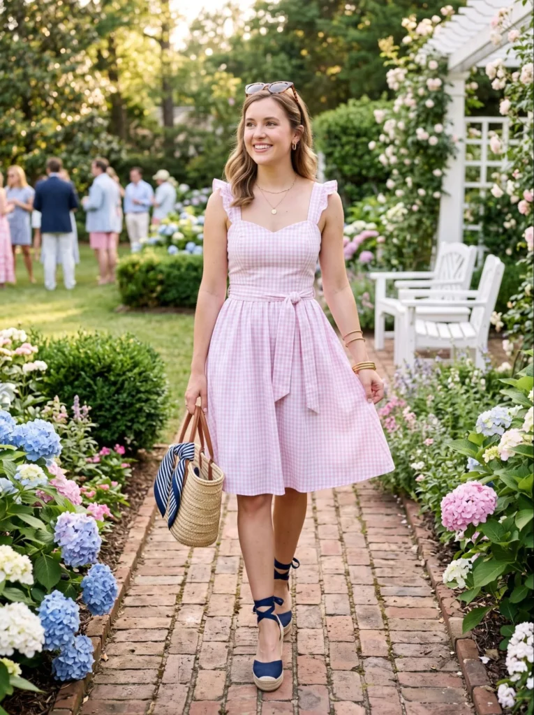Gingham Sundress With Woven Wedges