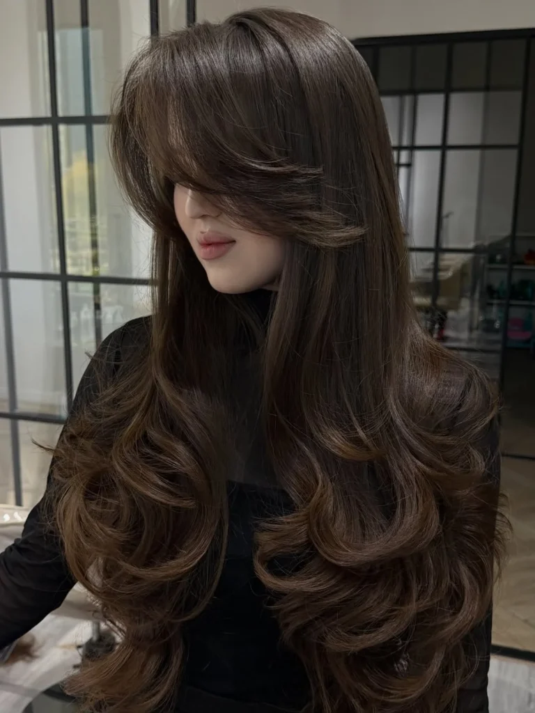 Sleek Curtain Bangs with Long Curled Layers 