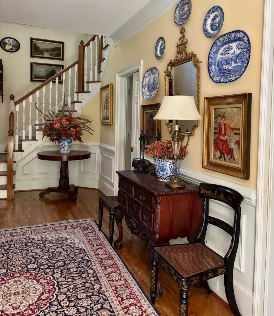 Traditional Blue & White Plate Wall in a Grand Entryway