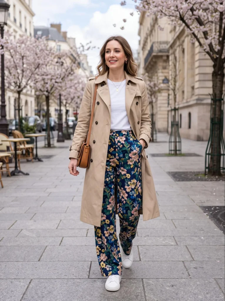 Layered Floral Pants with a Trench Coat