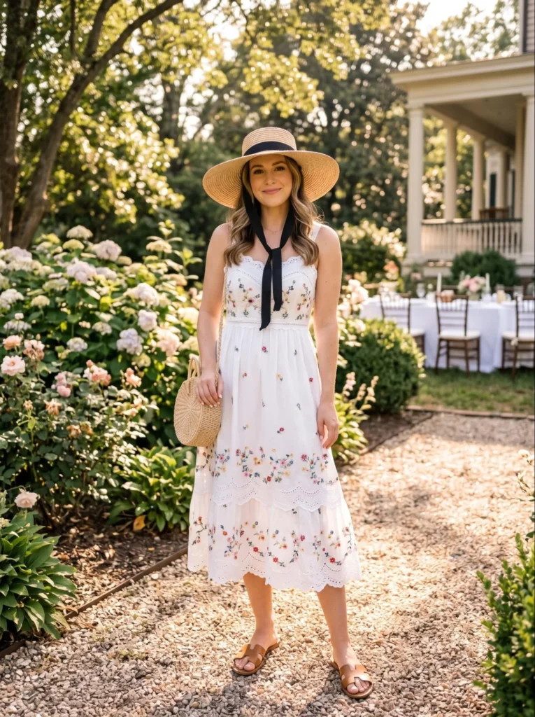 Embroidered Sundress With a Straw Hat