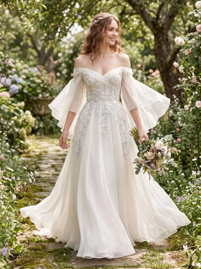 Off‑Shoulder Fairy Gown With Flutter Sleeves
