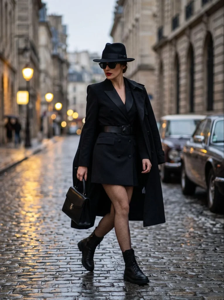 Black Fedora With a Structured Blazer Dress