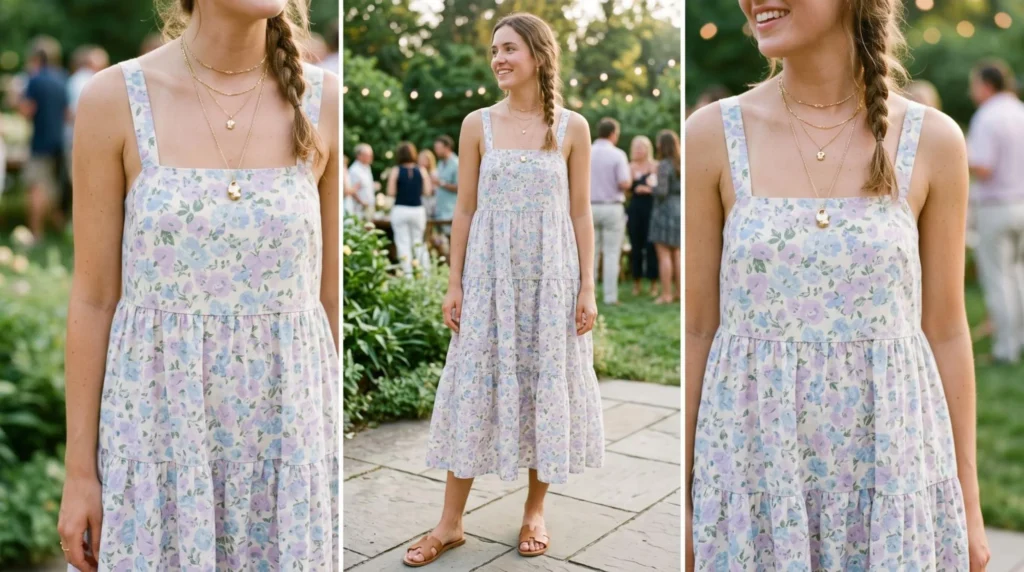 Tiered Cotton Sundress With Layered Necklaces