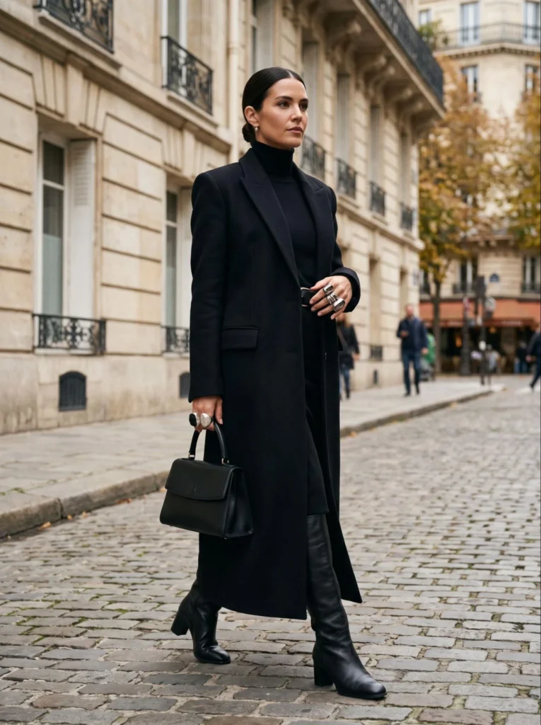 Black Maxi Coat With Statement Rings