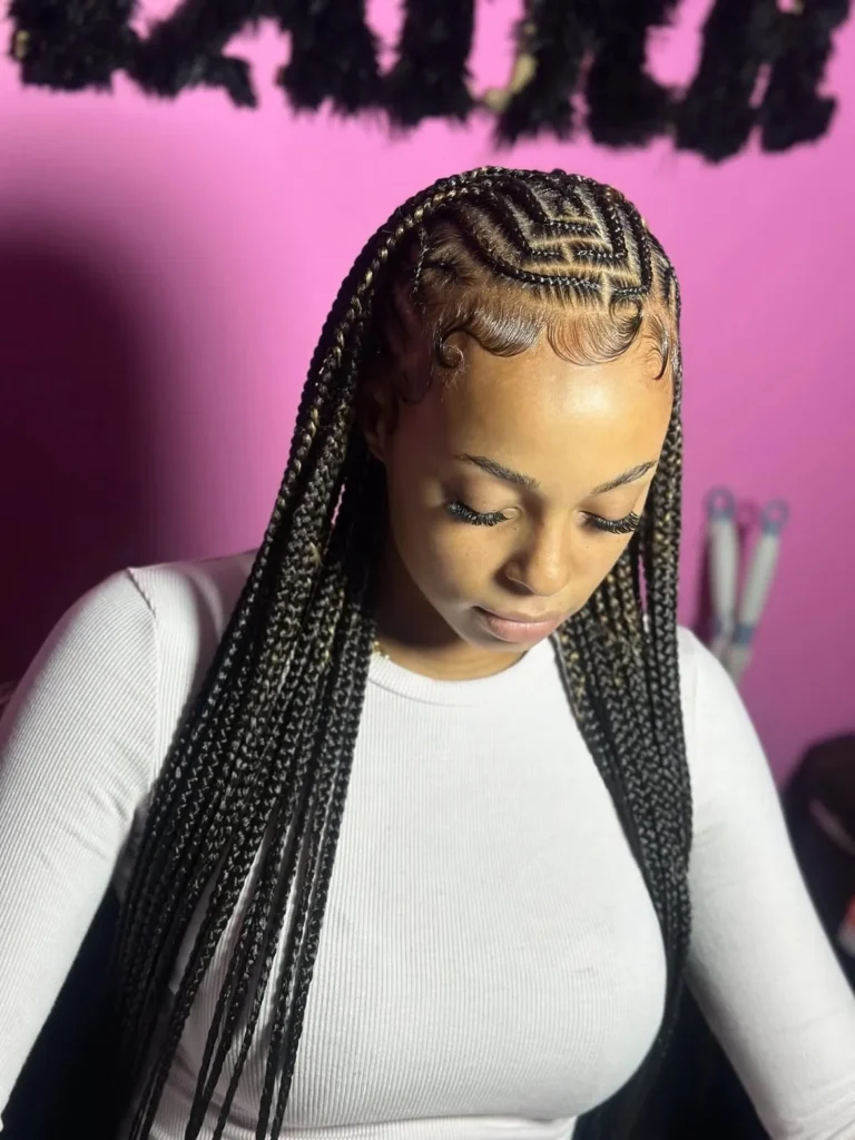 Long Tribal Feed-In Braids with Sleek Cornrows