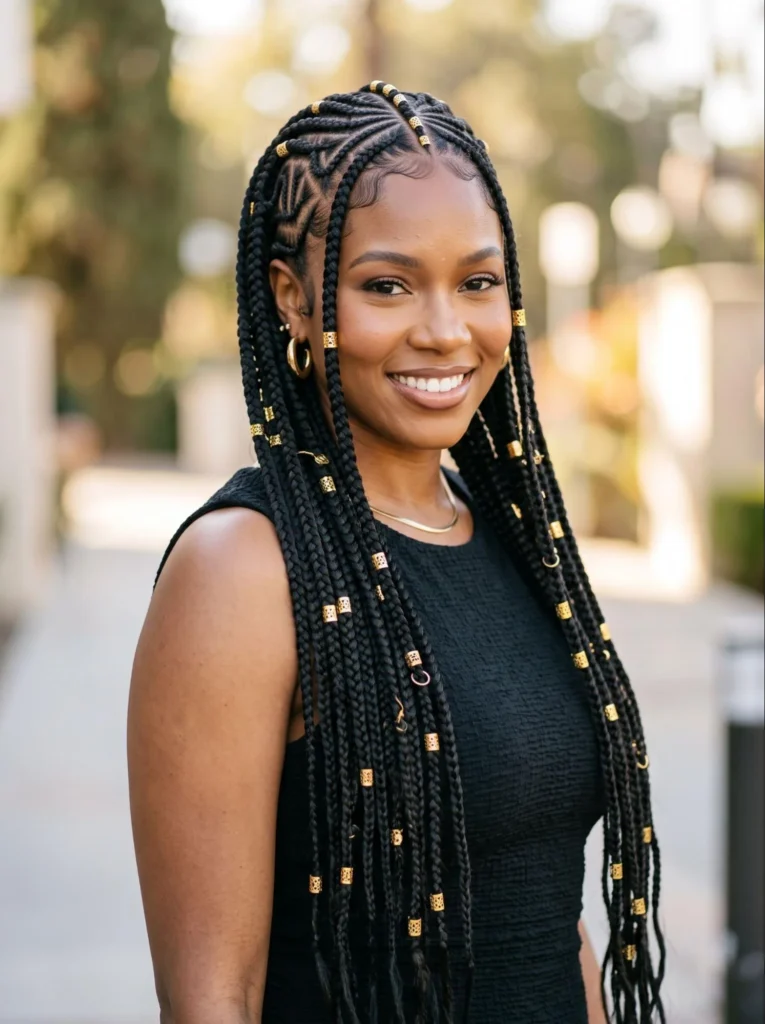 Long Tribal Braids With Gold Beads