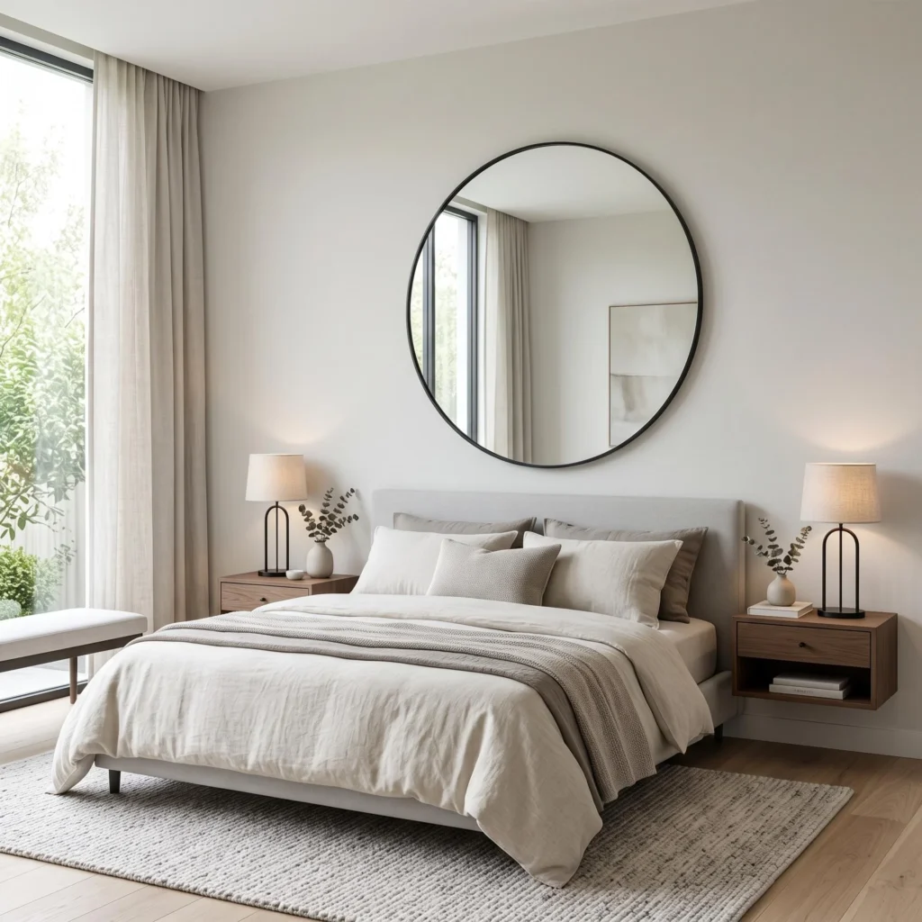 Large Round Mirror Above the Bed