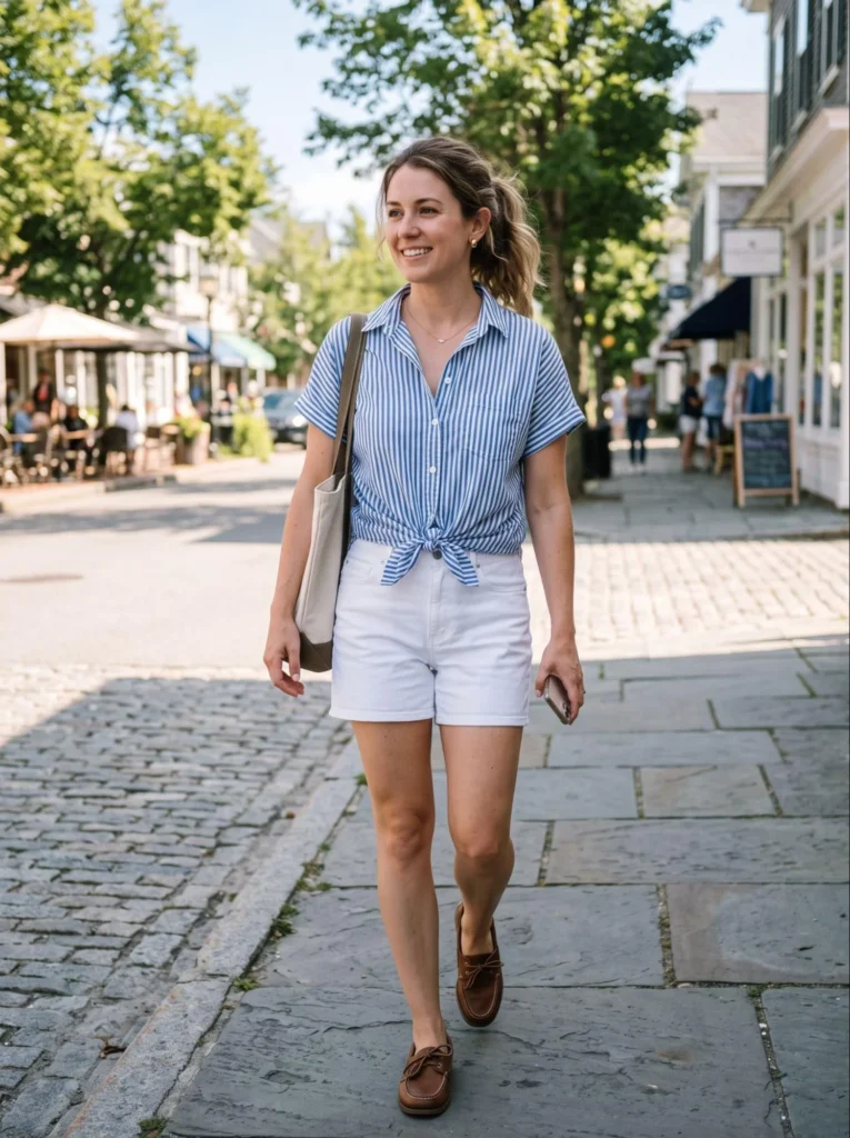 Button-Down Shirt Tied at the Waist With White Shorts