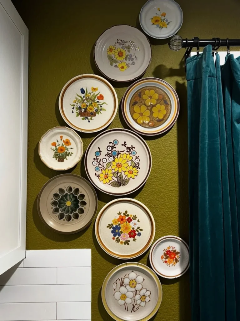 Retro Floral Plate Wall on Olive GreenÂ