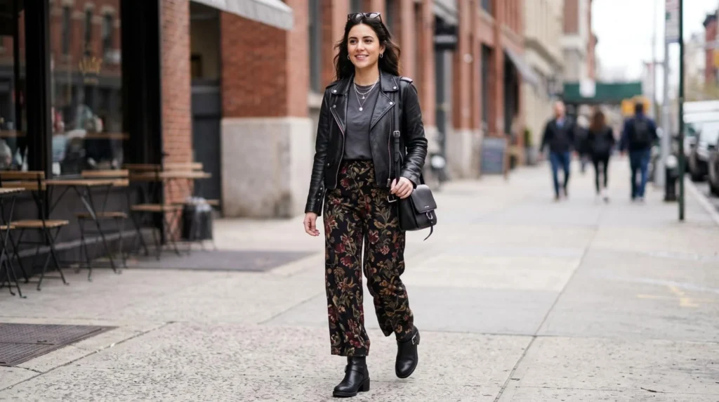  Floral Pants with a Leather Jacket