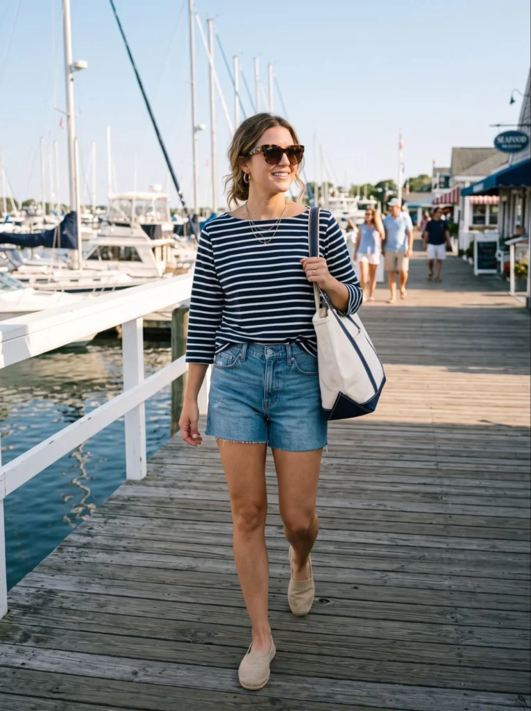 Nautical Stripe Top With Denim Shorts