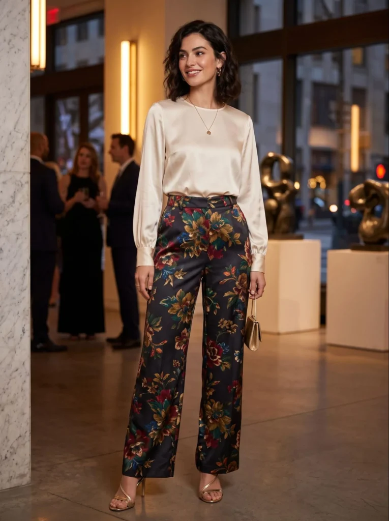 Evening Floral Pants with a Satin Blouse
