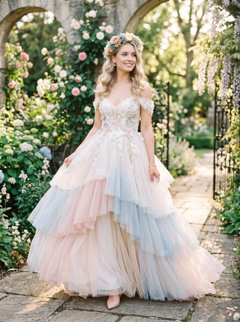 Layered Tulle Gown With Pastel Accents