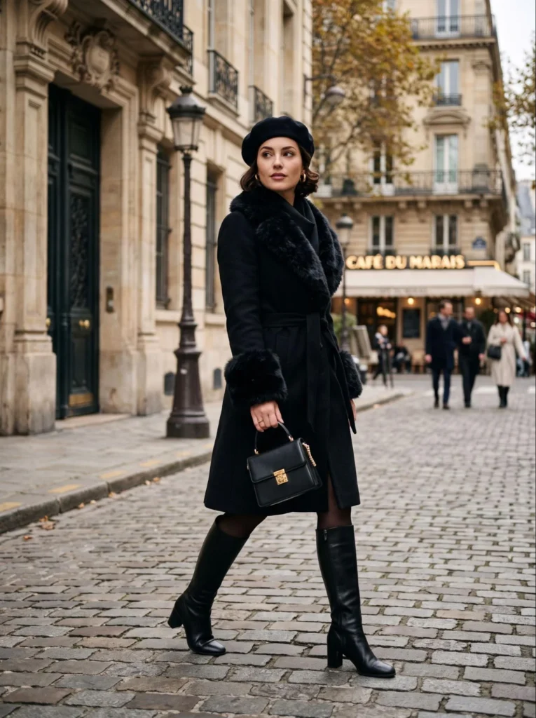 Fur-Trimmed Coat With a Beret